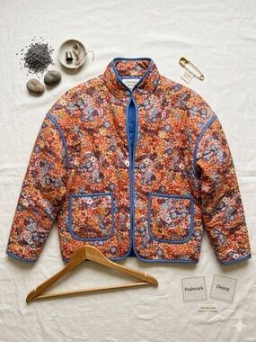 Quilted Floral Chore Coat | Blue Trim Patch Pockets